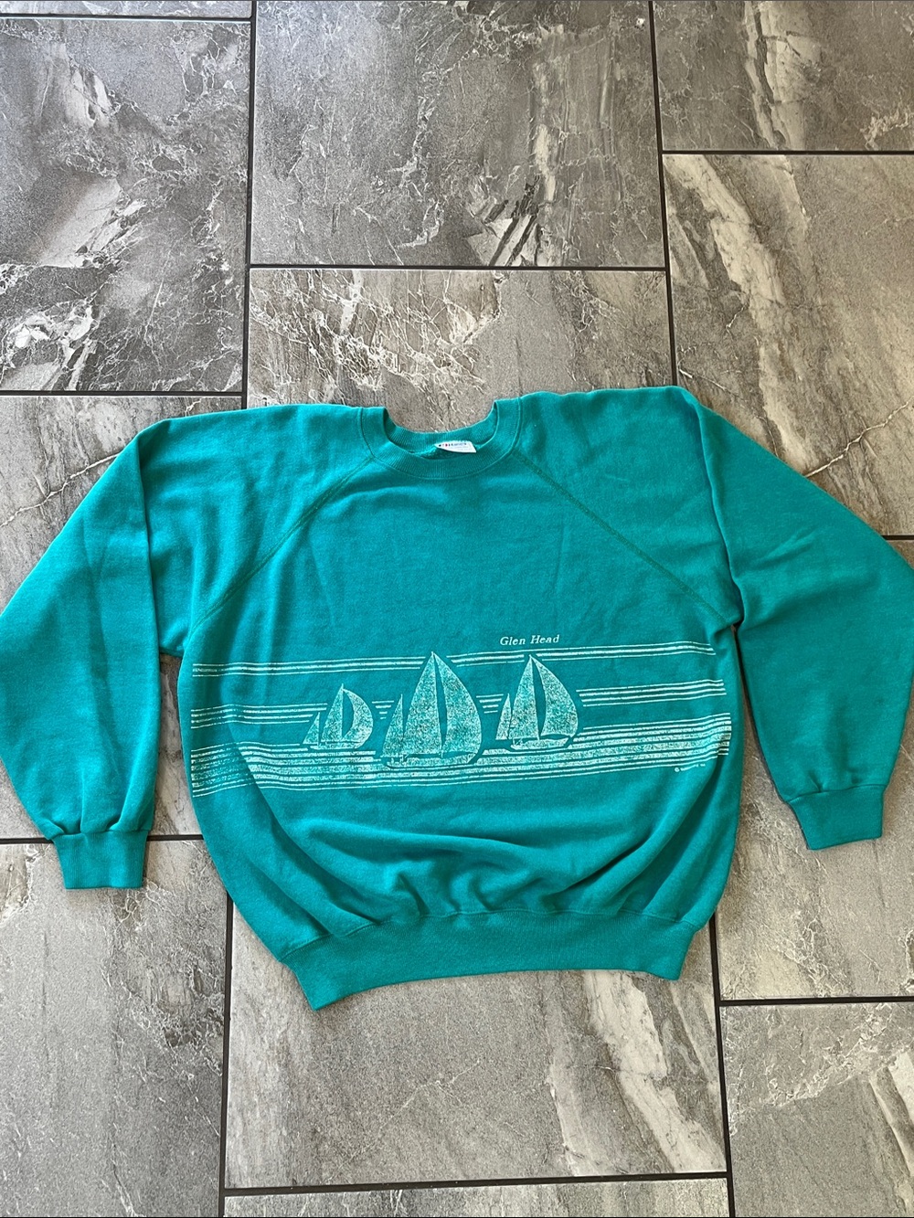 ⛵️ Hanes Vintage Crewneck Sweatshirt Size XL Teal Glen Head Sailboats